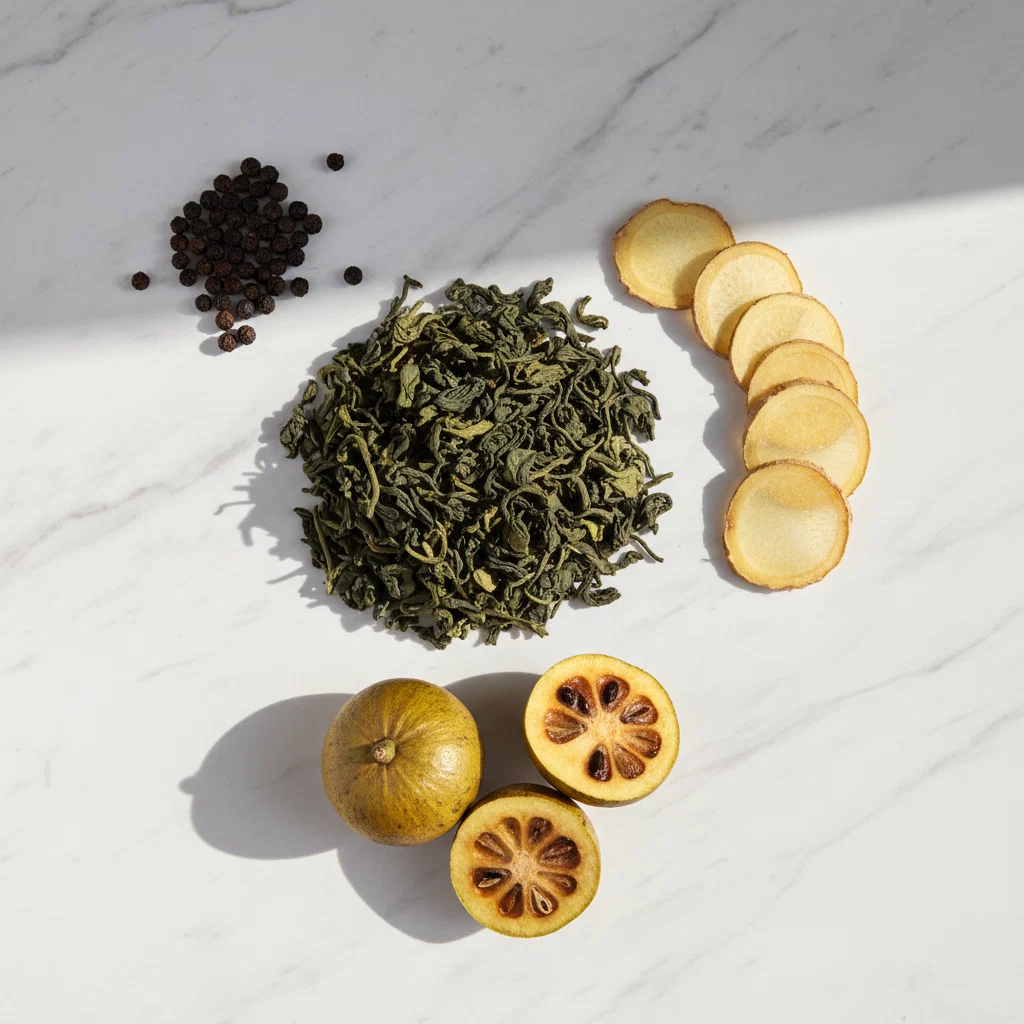 Botanische ingrediënten: groene thee, garcinia cambogia, gember, zwarte peper